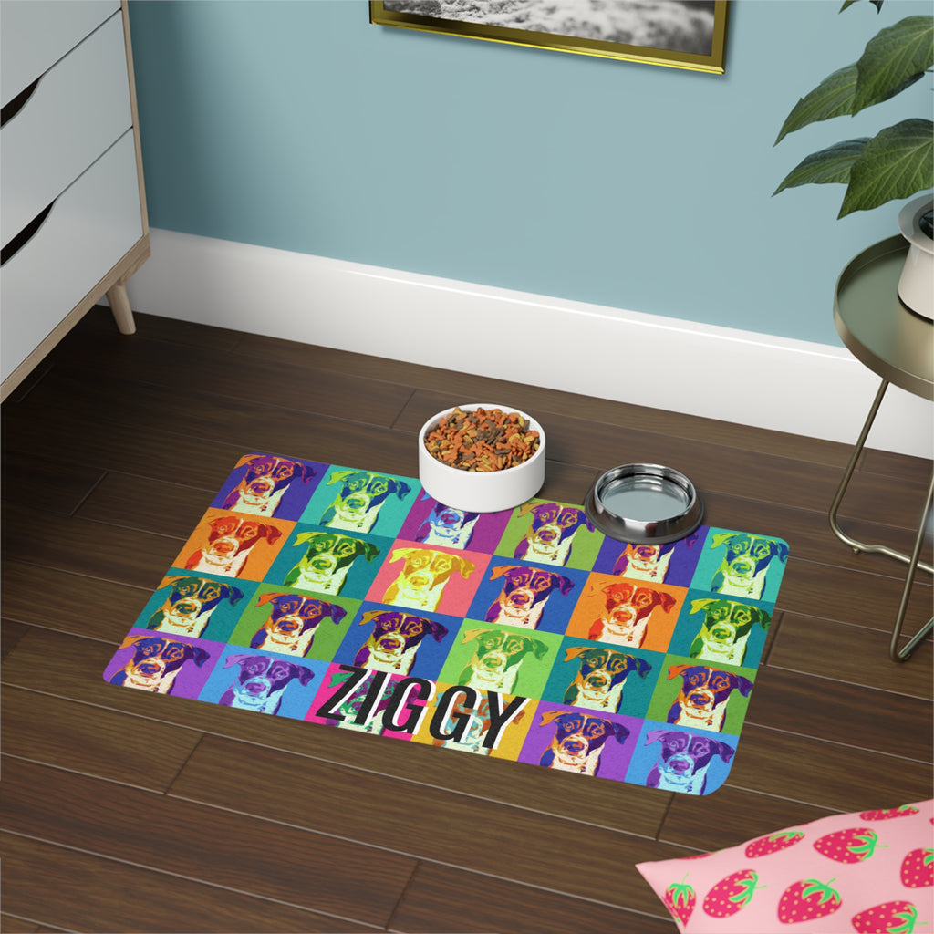 Personalized Pop Art Dog Feeding Mat (12x18) — Custom Name Pet Food Placemat