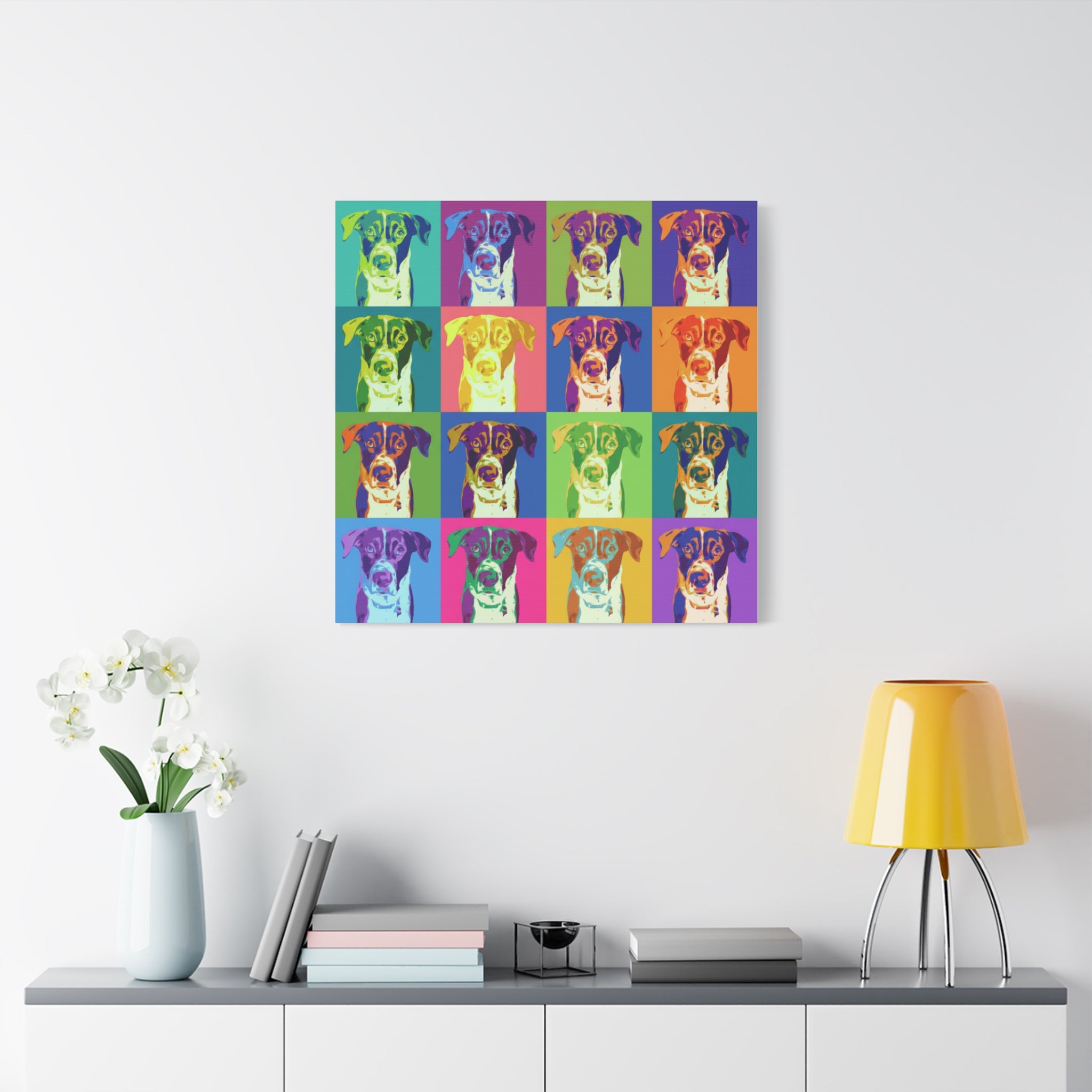 Pop Art Dog Canvas Print — Warhol Inspired Colorful Pet Portrait Wall Art