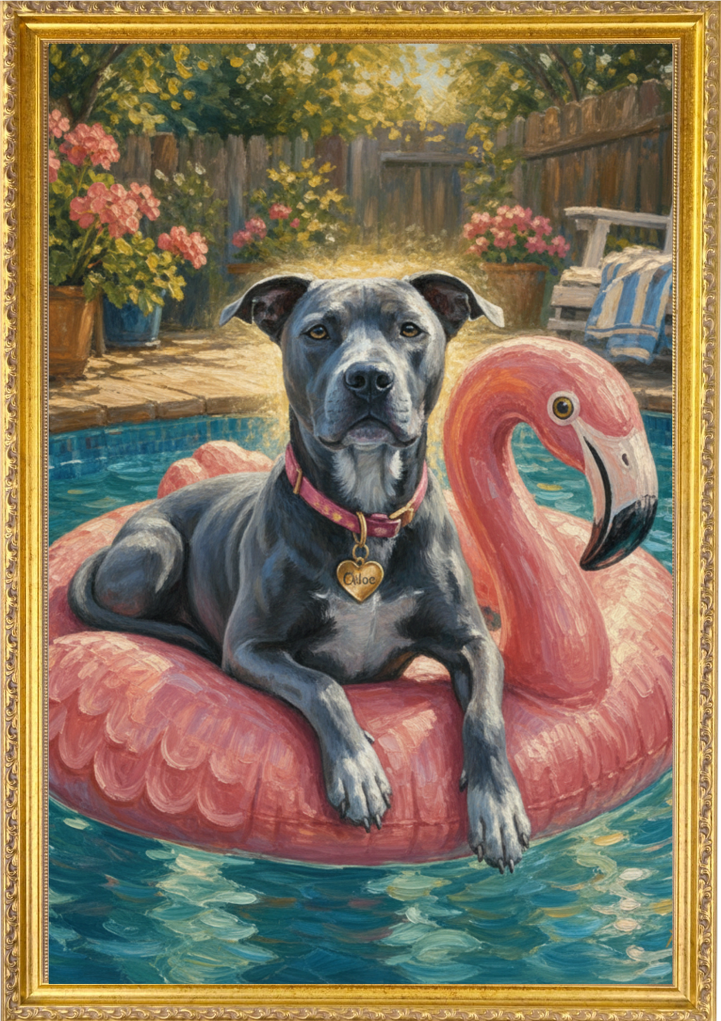 Pet on Flamingo Float in Pool