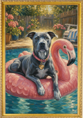 Pet on Flamingo Float in Pool