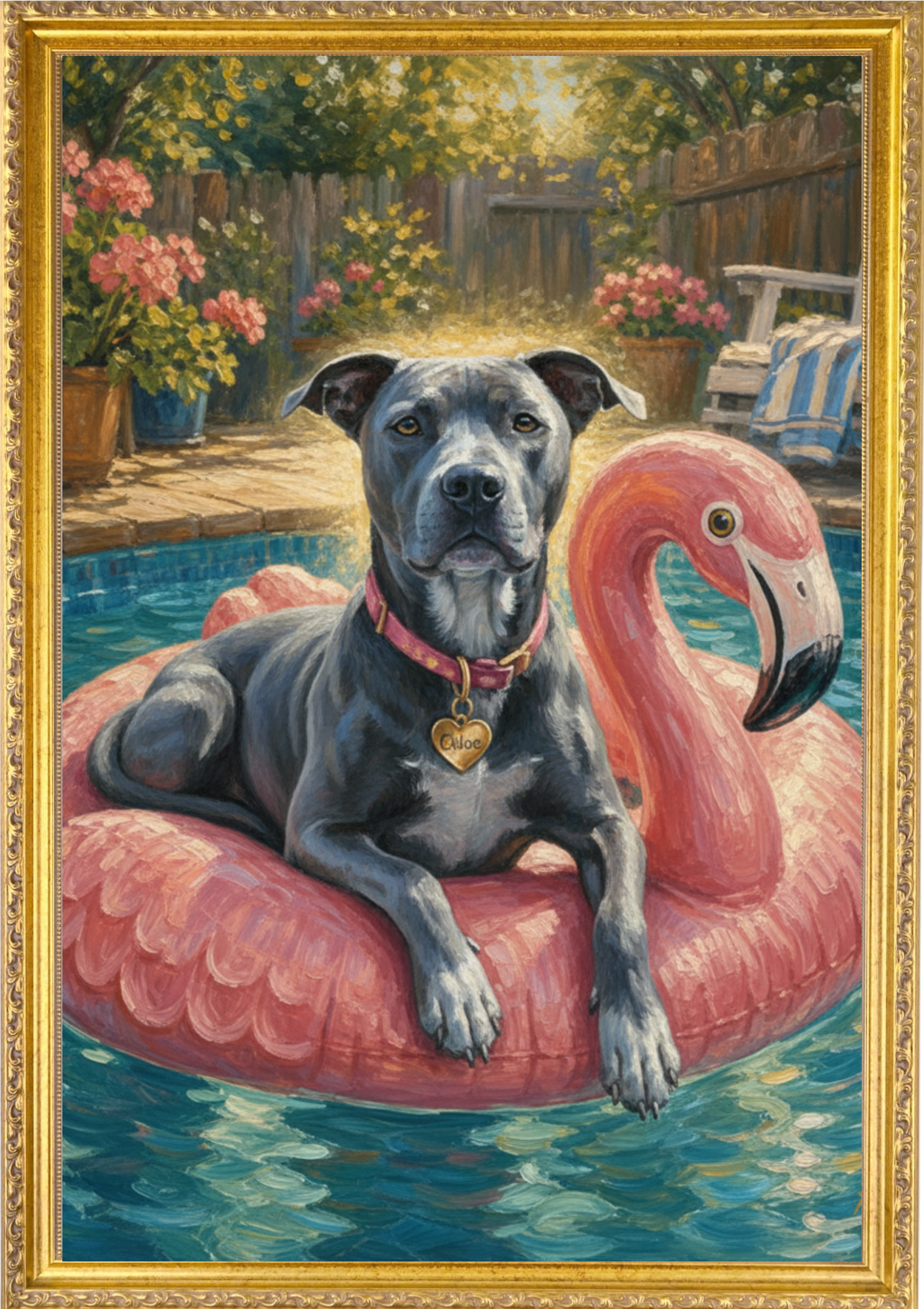Pet on Flamingo Float in Pool