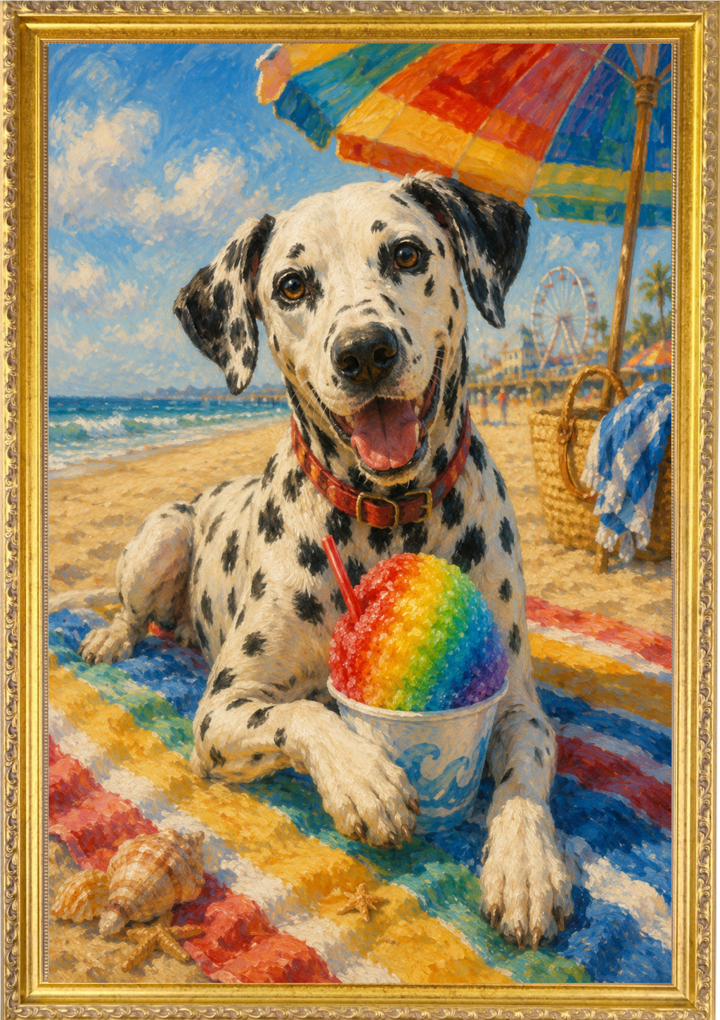 Pet on Beach with Rainbow Snow Cone