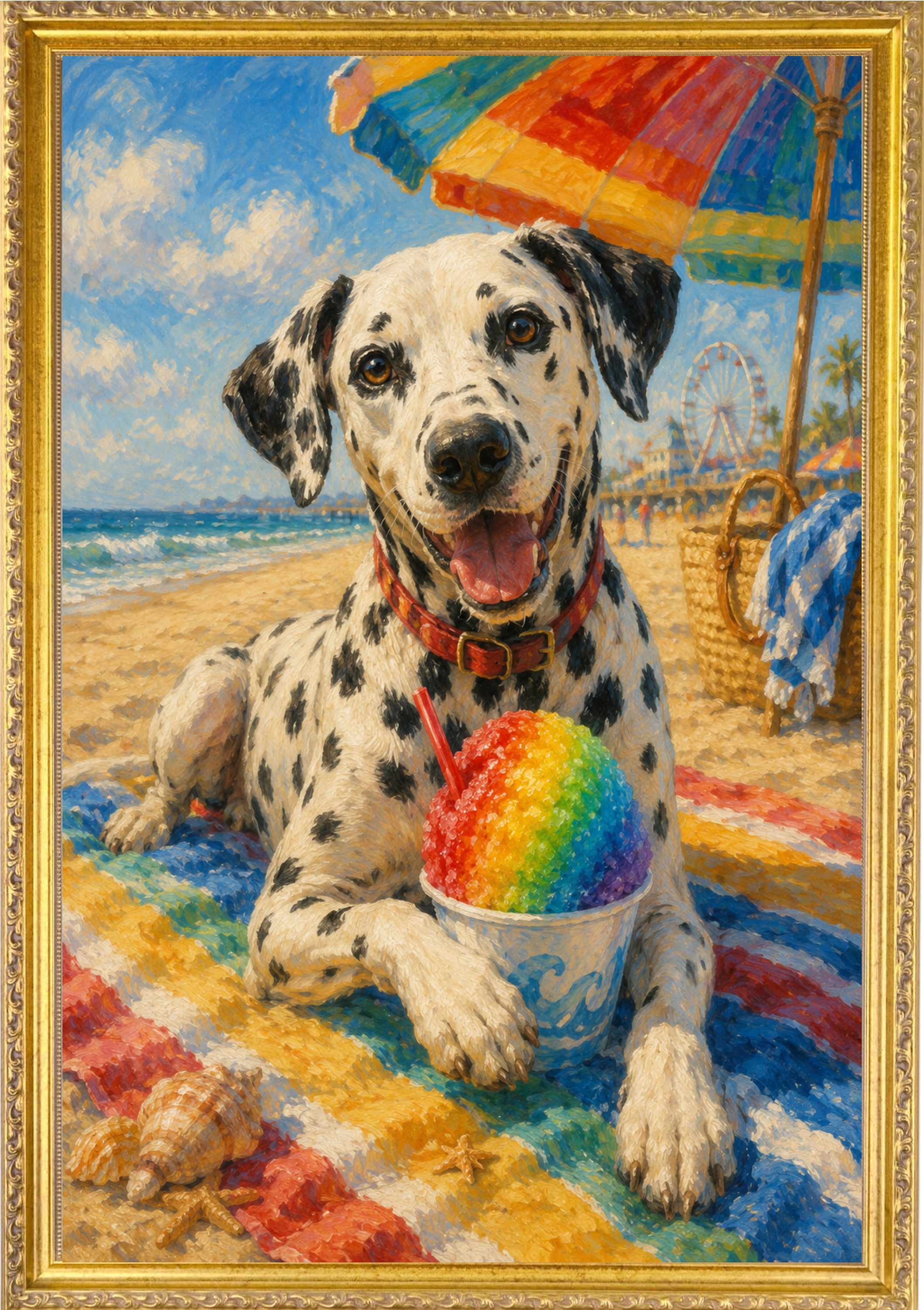 Pet on Beach with Rainbow Snow Cone
