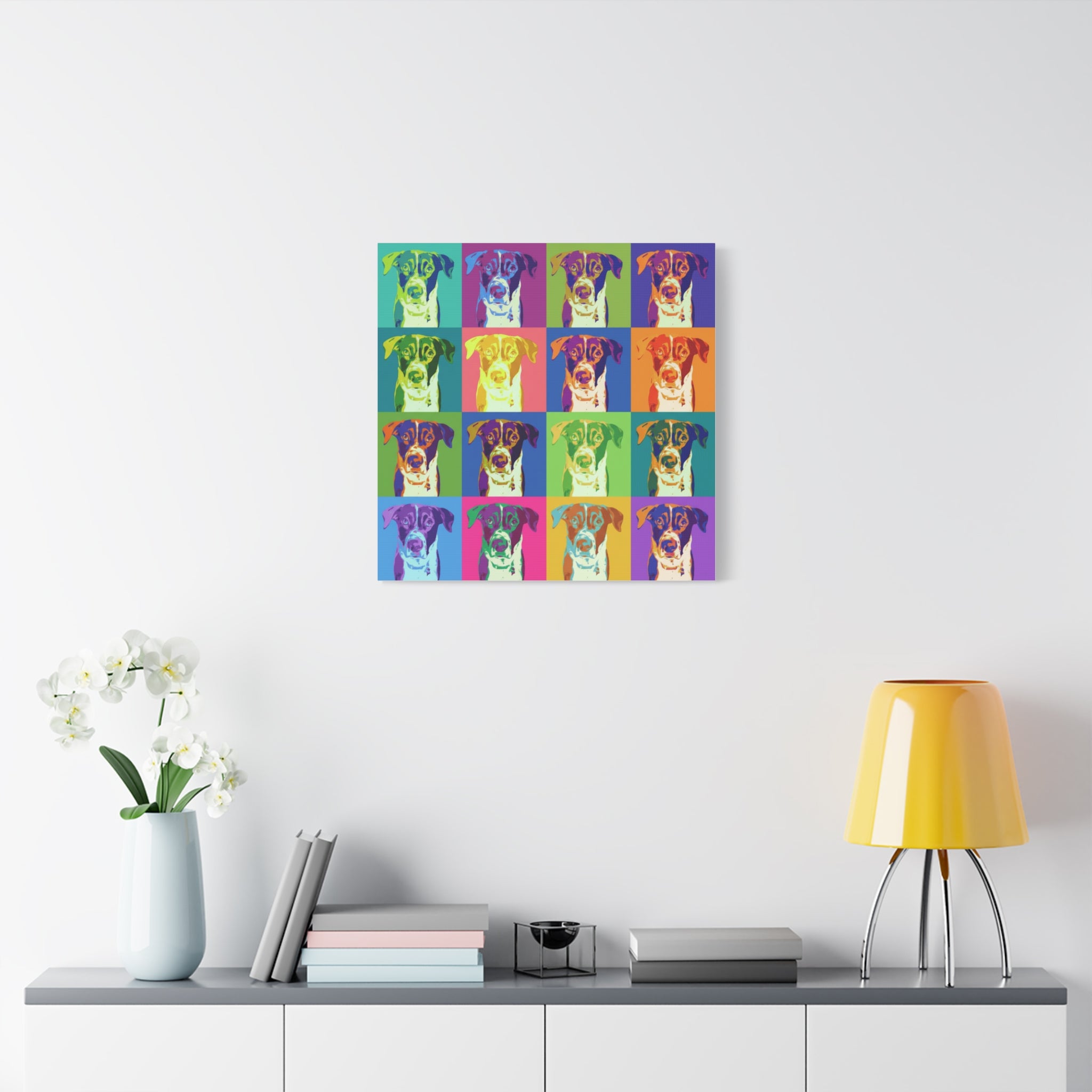 Pop Art Dog Canvas Print — Warhol Inspired Colorful Pet Portrait Wall Art